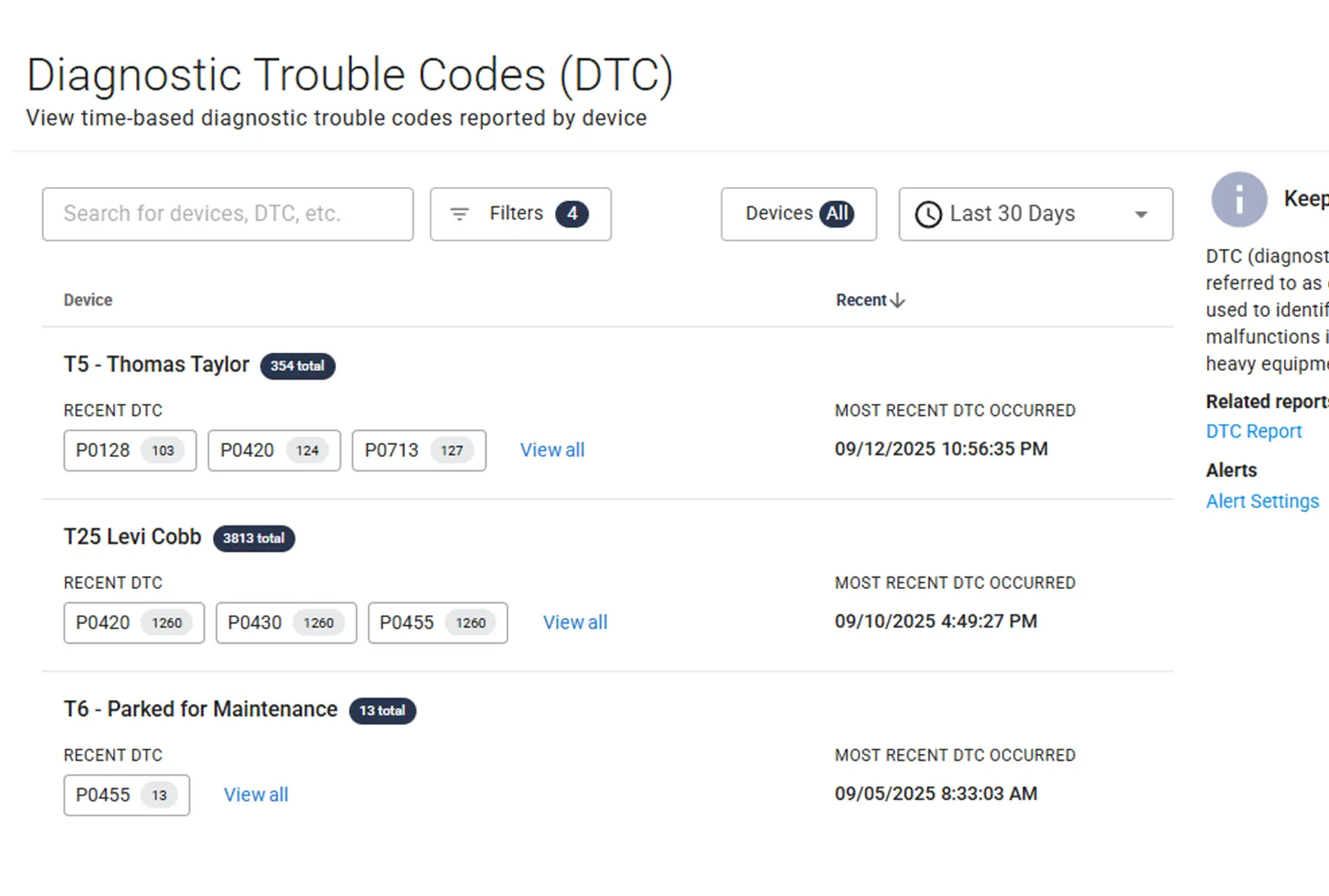One Step GPS UI showing DTC dashboard